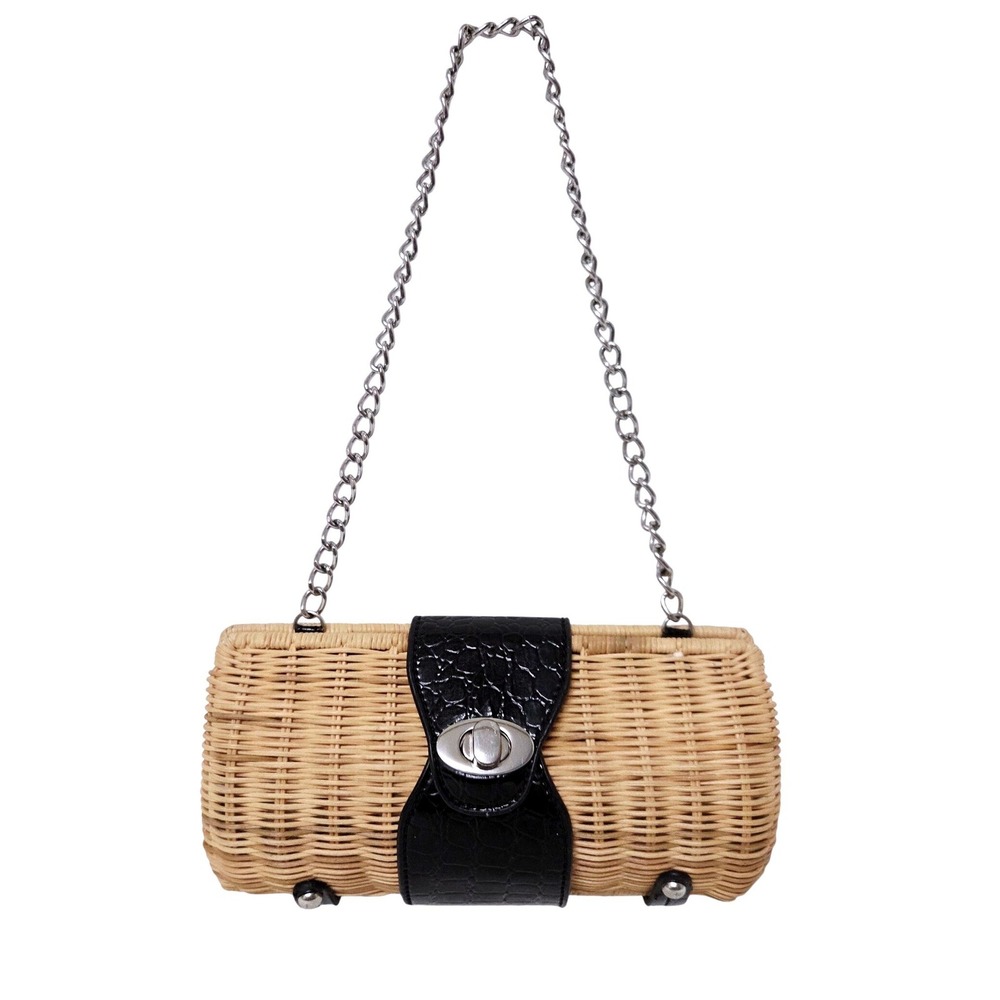Wicker Straw Clutch Faux Leather‎ Closure and Chain - Size
